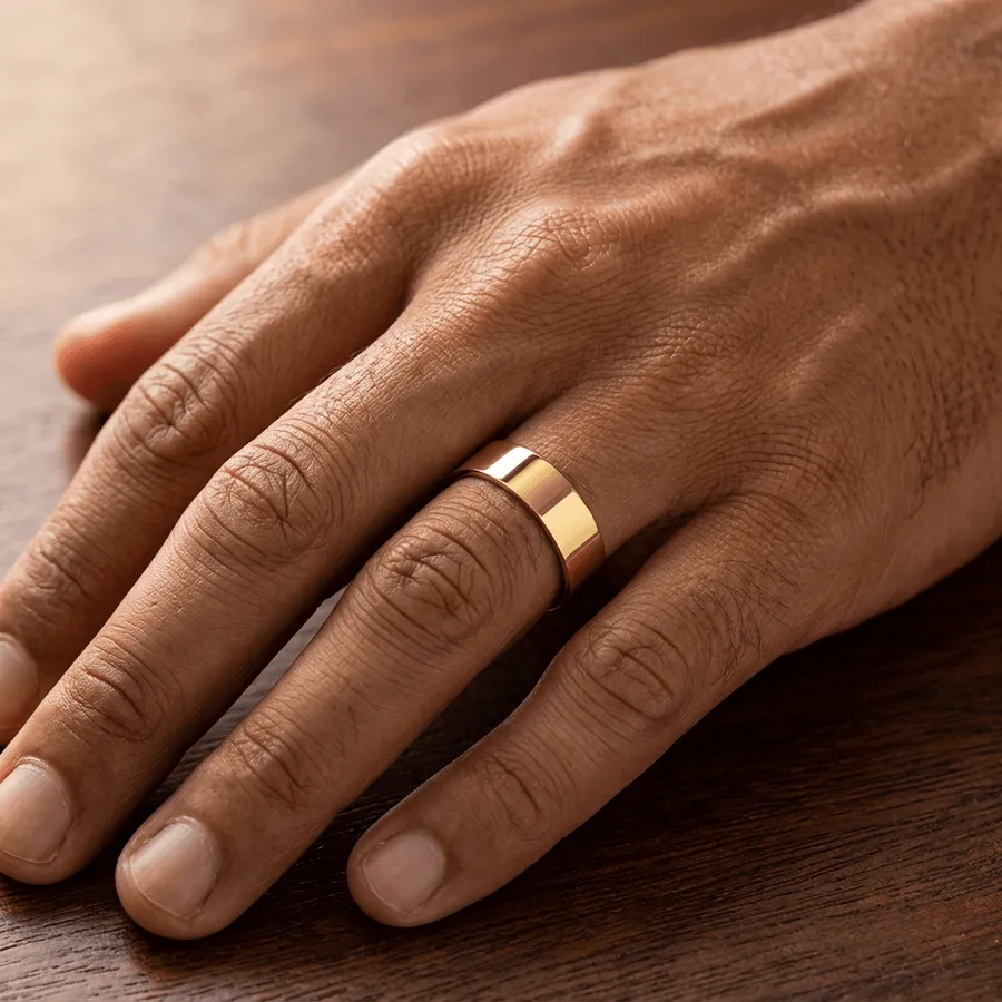 Aliança de ouro de 5 mm com formato reto usada na mão masculina