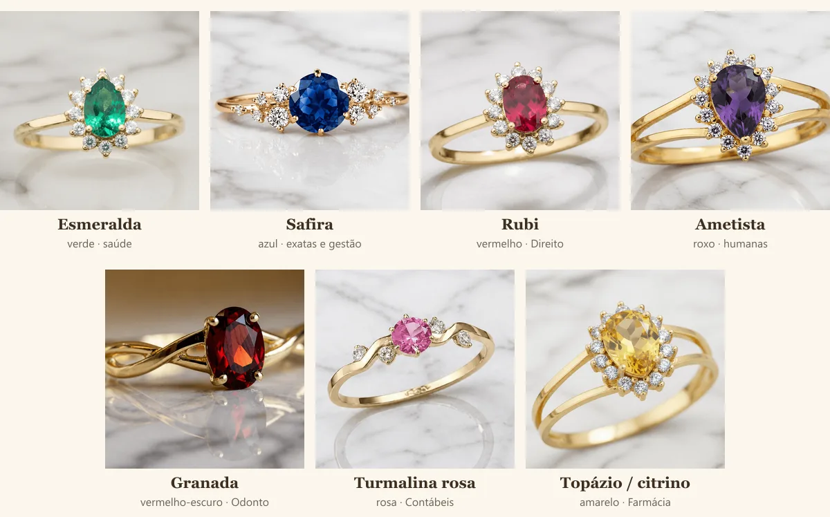 Anéis de formatura da Gerlu com pedras nas cores esmeralda, safira, rubi, ametista, granada, turmalina rosa e topázio