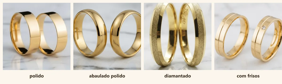 Quatro pares de alianças de ouro com acabamento polido, abaulado polido, diamantado e com frisos